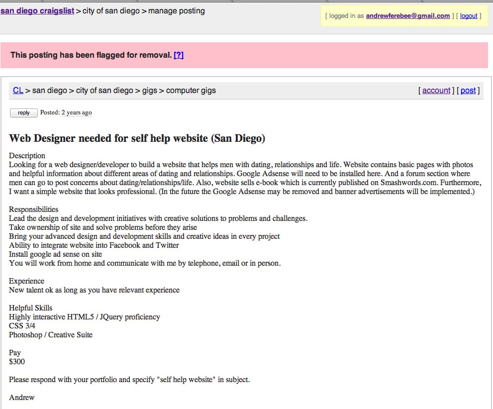 Craigslist ad I made for a web developer to build Knowledgeformen.com